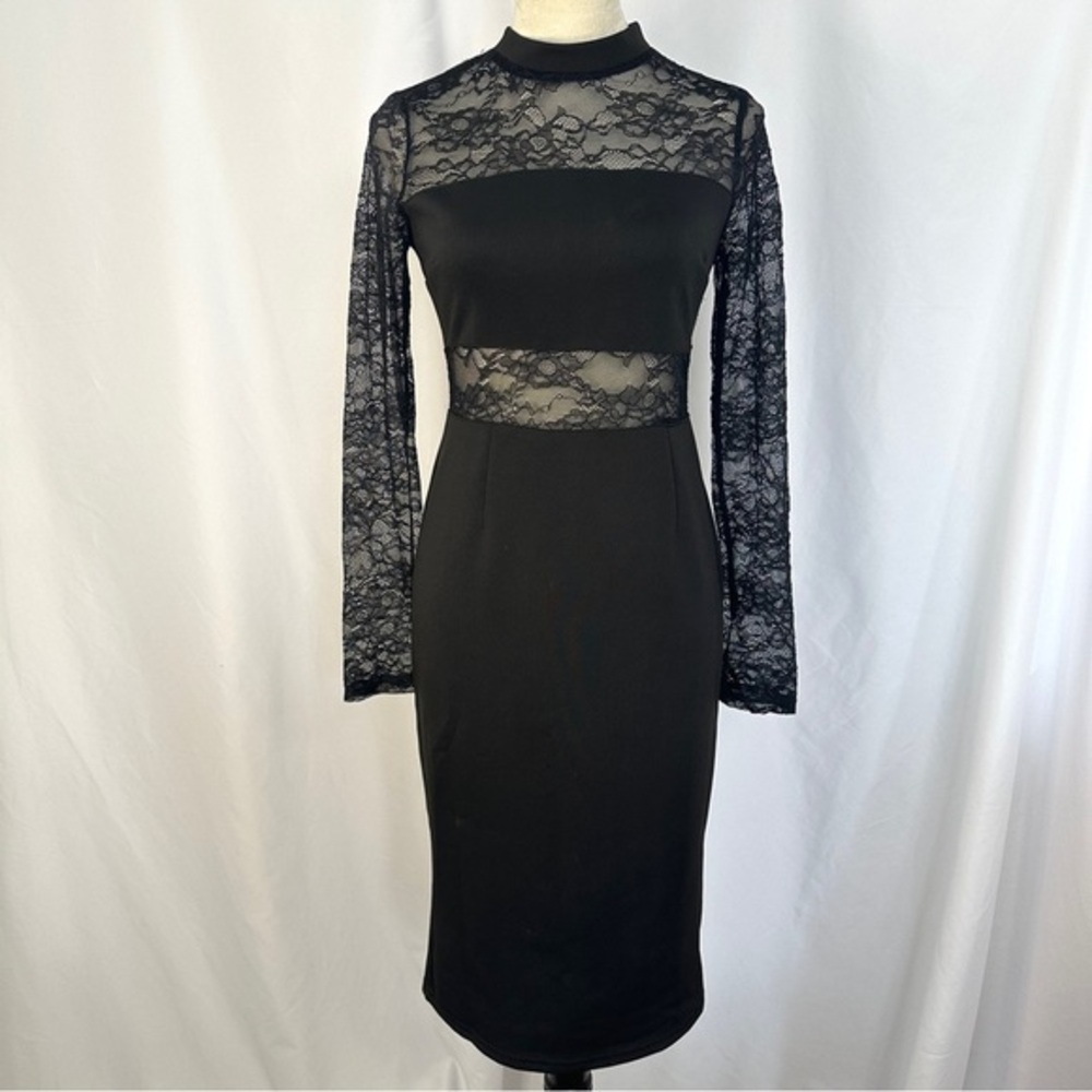 IRIS Midi Dress Semi Sheer Stripe Panel Long Sleeveā Stretchy Black Large Formal